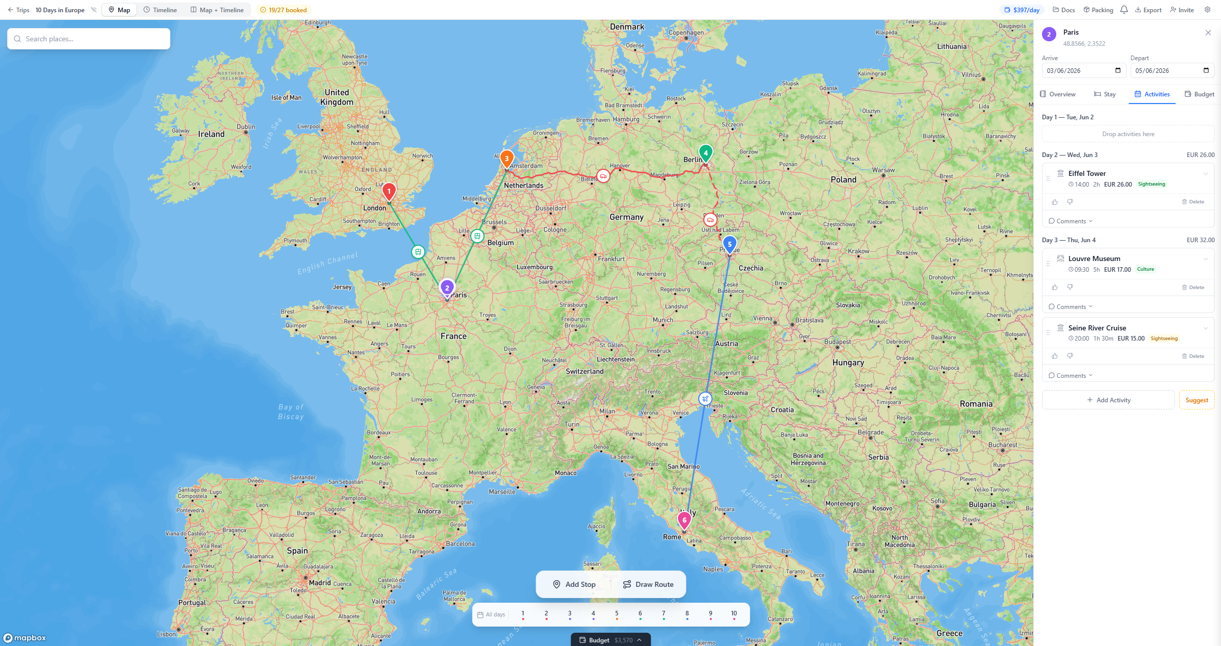 Plot a Trip map interface showing color-coded routes across Europe with numbered destination pins, transport icons, and a trip timeline sidebar